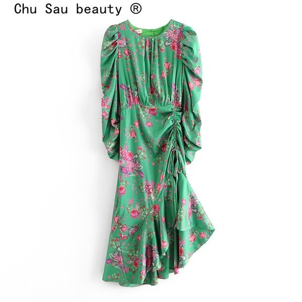 

fashion casual chic floral print midi dress women party style backless irregular ruffles mid-length dresses female 210508, Black;gray
