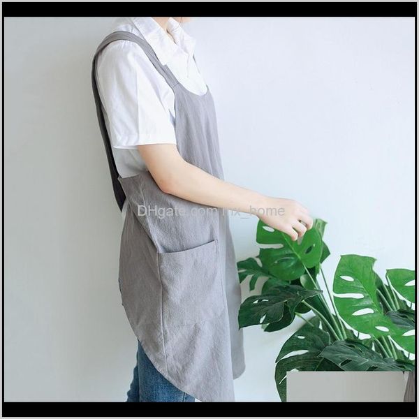 Aventais t￪xteis dom￩sticos home gardenflorist que trabalha ￠ prova d'￡gua feminina linho de algod￣o cruzar o avental japon￪s trabalhos dom￩sticos cozinhando bolso duplo