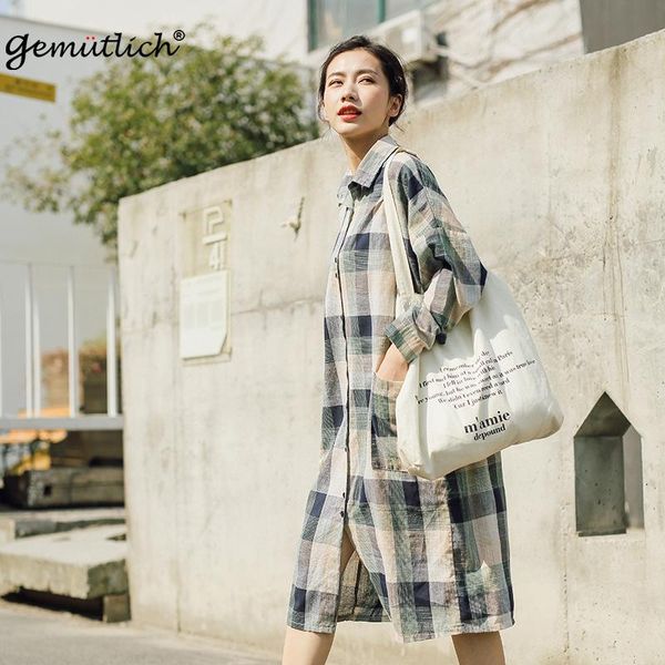 

women's blouses & shirts gemutlich over size women plaid long blouse linen cotton turn-down collar sleeves loose cardigan vintage, White
