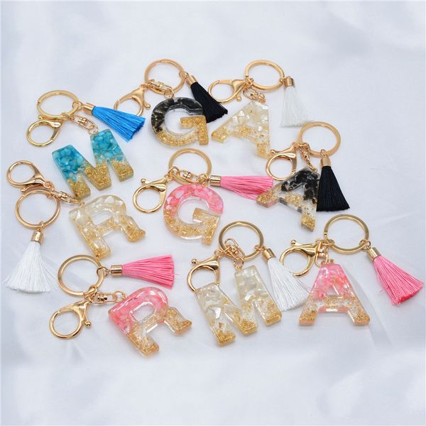 

10pc 2021 Gold Foil English Letters Tassel Keychains Resin Pendant Charms Bag Jewelry Car Key Rings Gold Keychain