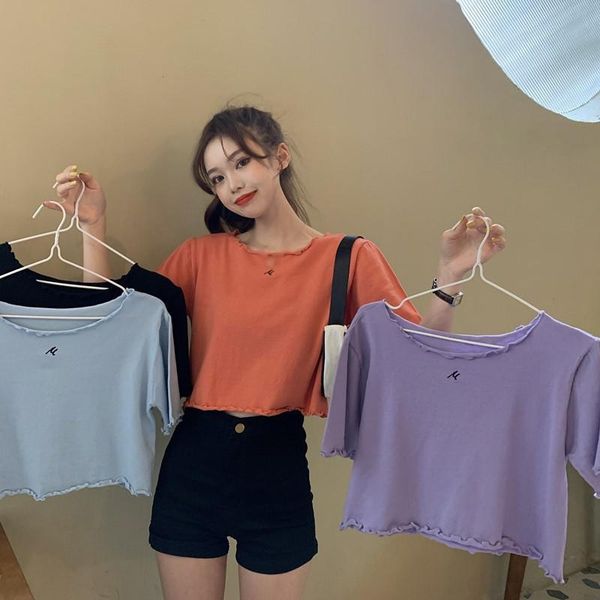 

retro hong kong style navel crop women s bottoming shirt loose knit short sleeved t women's t-shirt, White