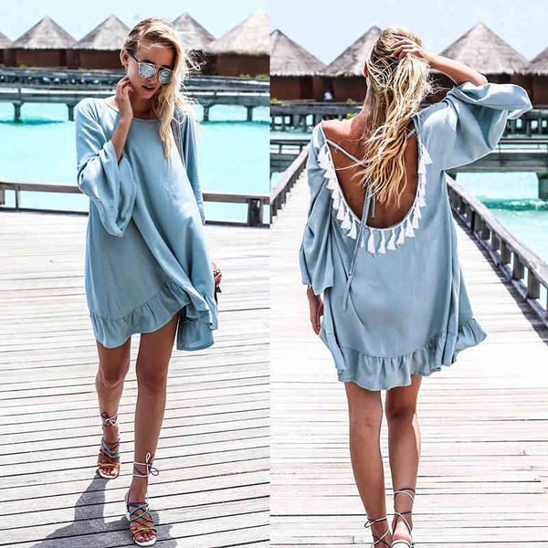 

open back long sleeve tassel loose summer dress blue cotton tunic women plus size beach wear clothes mini dresses a341 210416, White;black