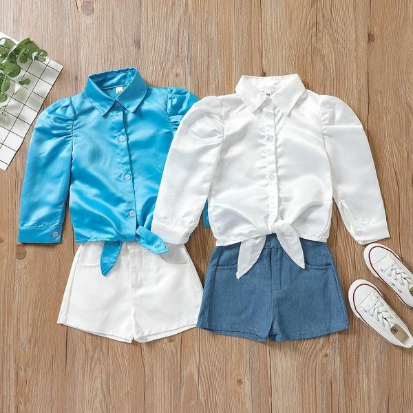 

clothing sets 1-5y toddler kids baby girl puff long sleeve solid color blouse high waist denim shorts jeans 2pcs girls set, White
