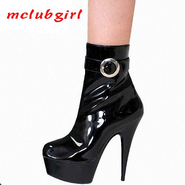 

mgirlclub 15 cm belt buckled boots steel pipe dance performance boots lacquer super-high-heeled boots,low-heeled boots lyp-c-042 210507, Black