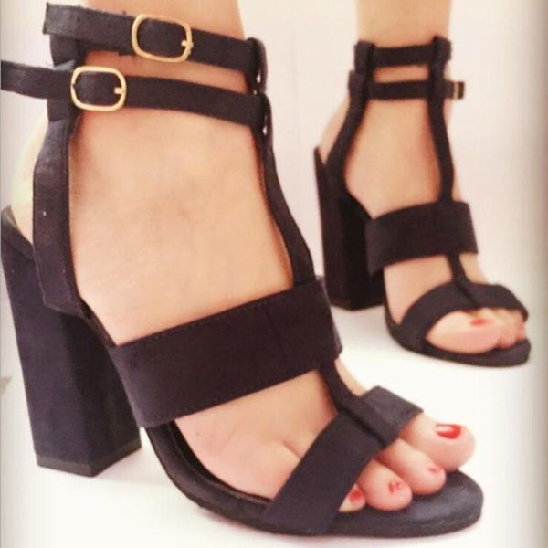 

super high heel large size women shoes hollow round head thick with sandals ankle strap buckle hard-wearing, Black