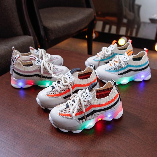 

2021 new spring and summer childrens knitted surface flashing shoes led boys and girls sports luminous lights kids shoes cs149, Black