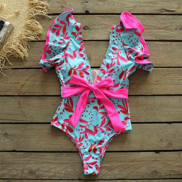 

printed swimsuit shoulder ruffle swimwear women bandage bathing suit beachwear monokini swim 210728, White;black