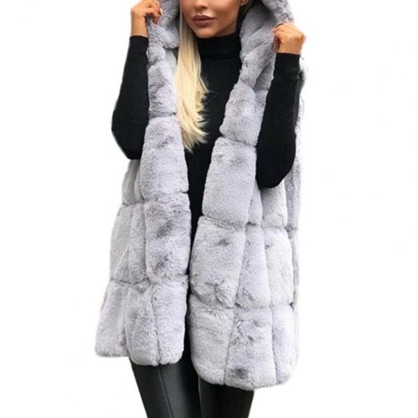 

women's vests across stripe long faux fur vest coat hooded solid color open front cardigan waistcoat, Black;white