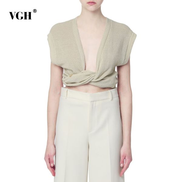 

vgh apricot knitted elegant vests for women v neck sleeveless short minimalist tank female korean fashion clothes 210421, White