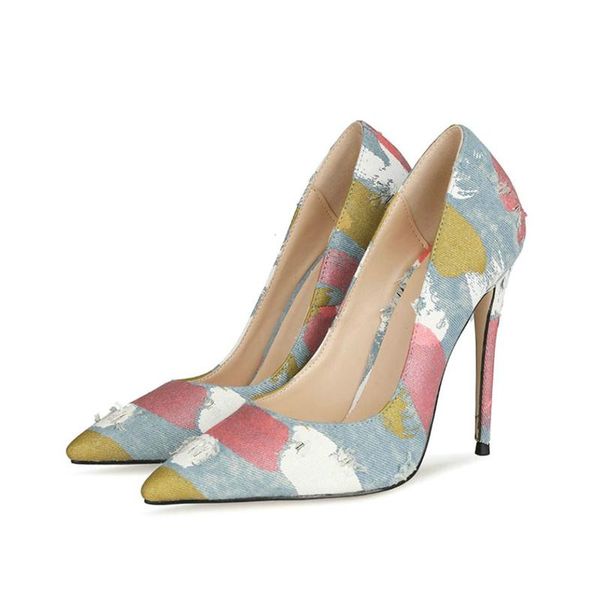 

dress shoes retro denim pumps women stiletto heels mixed colors fashion high heel ladies large size 47, Black