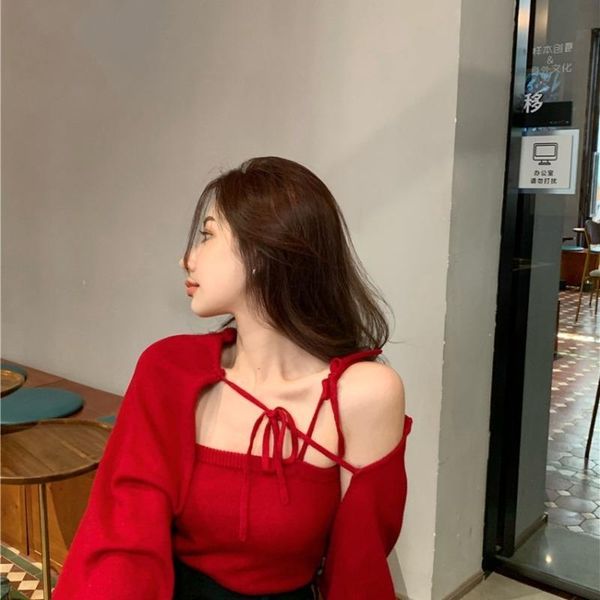 

women's vests 2021 winter long-sleeved solid color french fashionable lace-up sweater two-piece, Black;white