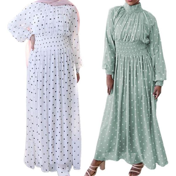 

muslim women long sleeve polka dot chiffon maxi dress smocked waist turtleneck kaftan arabic islamic ramada abaya robe casual dresses, Black;gray