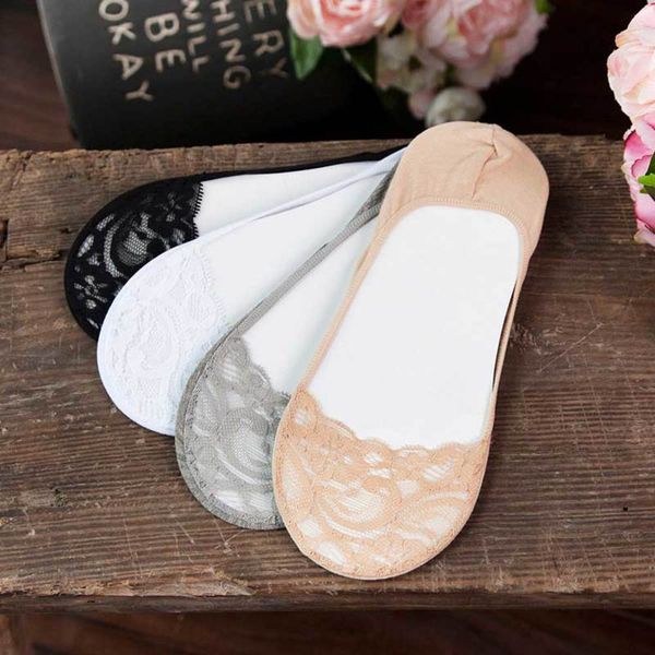 

solid female lace slippers high heels invisible socks women hollow out breathable soft summer boat low ped meias, Black;white