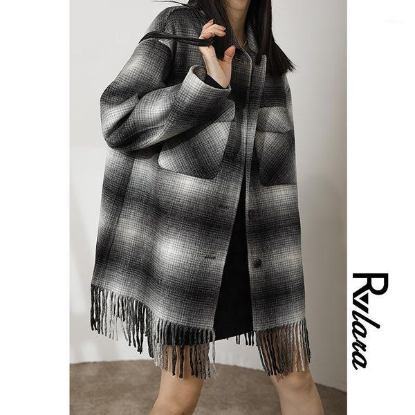 

women's wool & blends rvlara plaid coat 2021 winter tassel hem double side cashmere 86935, Black