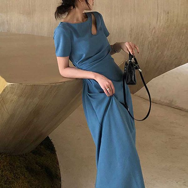 

summer elegant shirring midi dres korean office lady hollow out designer bule casual beach 210604, Black;gray