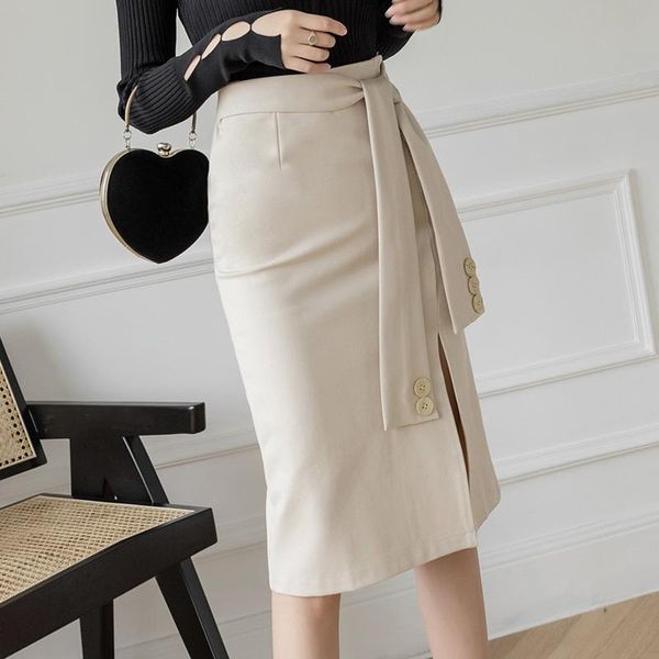 

office lady midi a line high waist lace-up long skirts womens 2021 summer elegant korean fashion casual slim jupe longue femme, Black