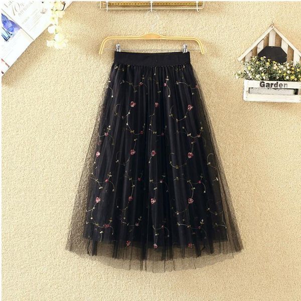 

skirts mesh embroidery pleated skirt, Black