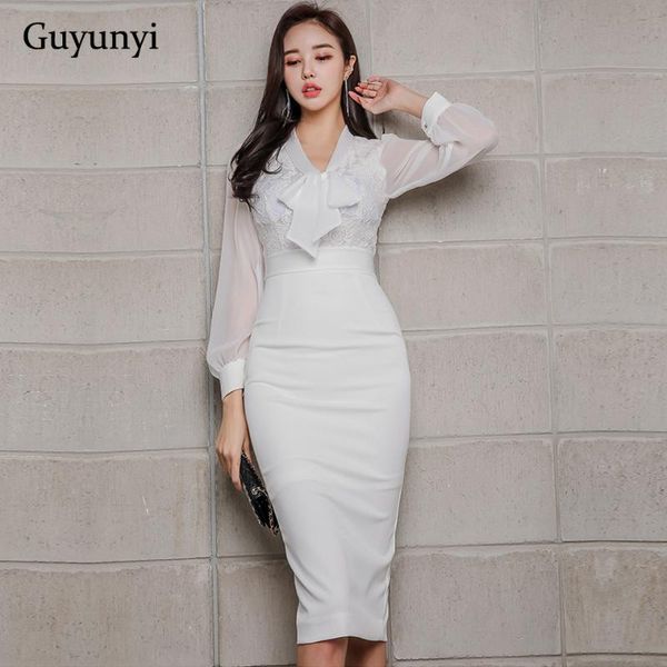 

white pencil office dress 2021 spring elegant women party chiffon long puff sleeves lace stitching high waist tight casual dresses, Black;gray