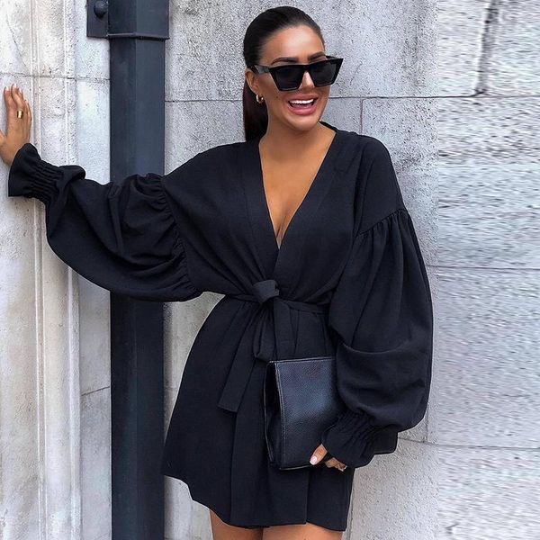 

casual dresses autumn deep v-neck loose short black shirt dress women long lantern sleeve swing office lady party elegant, Black;gray