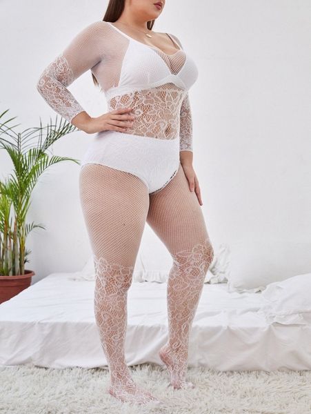 

plus floral lace body stocking e0s8#, Black;white