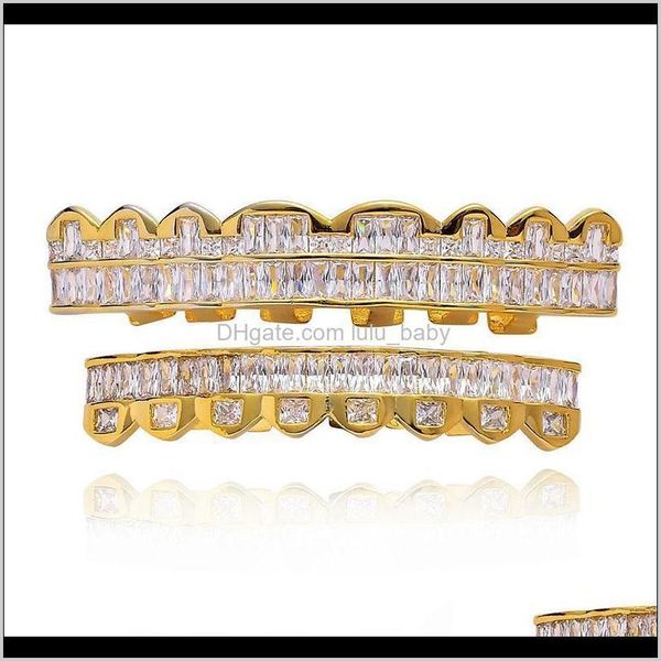 

grillz, dental body jewelry drop delivery 2021 custom fit gold sier plated hip hop bar zircon grillz & bottom vampire fangs teeth grills, Black
