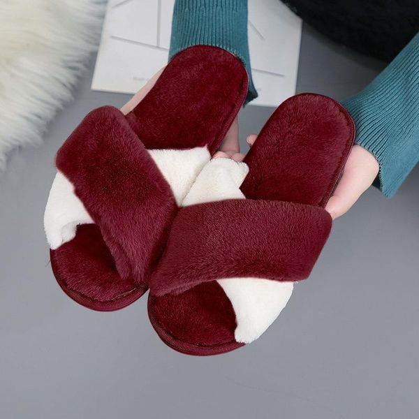 

slippers multi-color women fluffy slipper winter cross-tie plush flat shoes warm faux fur home ladies, Black