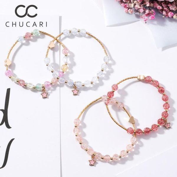 

charm bracelets chucari korean 2021 romantic vintage bracelet women heart pendant bling crystal beads fit pan jewelry natural stone, Golden;silver