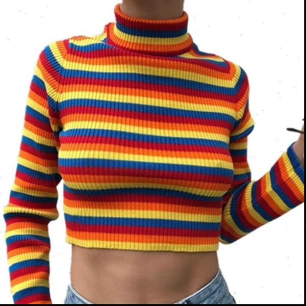 

women turtleneck womens sweaters fashion rainbow knitted pullovers autumn winter sweater female tight knitwear streetwear, White;black