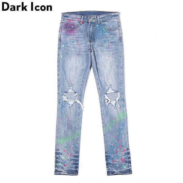 

colorful foil paint splatter jeans men ripped pencil jeans high street fashion denim men's pants 210603, Blue
