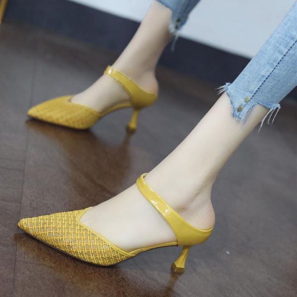 

sandals women gauze shoes summer 2021 baotou half dragged female fashion celebrity pointed high-heeled slippers joker, Black
