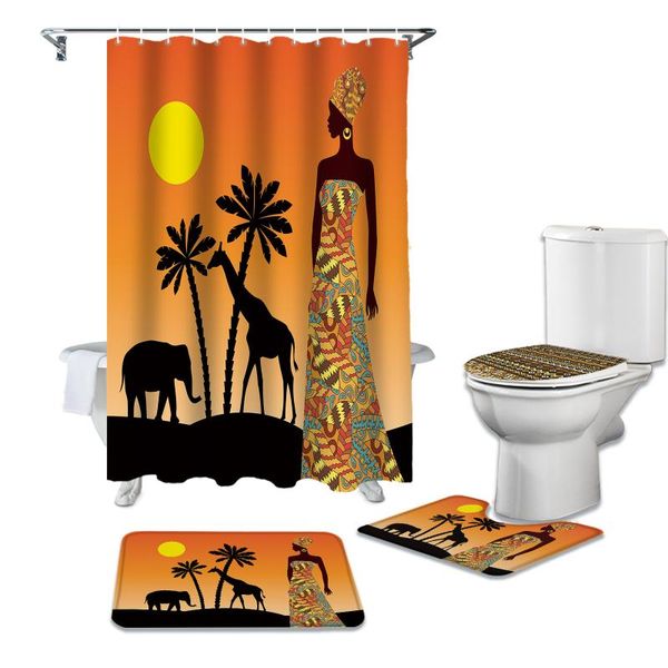 

africa sunset women elephant giraffe shower curtain sets non-slip rugs toilet lid cover bath mat waterproof bathroom curtains