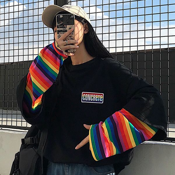 

hoodies women ulzzang fake two pieces sweet rainbow striped womens harajuku hoodie chic patchwork white oversized soft lady, Black
