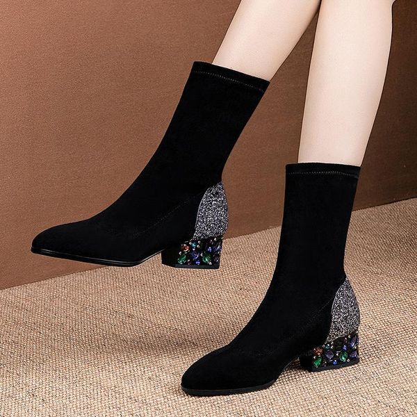 

boots 2021 thick-heeled elastic women's short mid-heeled, Black