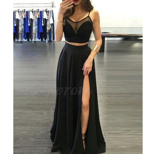 

party dresses black a-line formal evening dress, handmade two piece set crepe prom gowns custom sizing plus size long, White;black