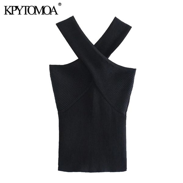 

kpytomoa women fashion cross wide straps cropped black knit tank vintage backless fitted female camis mujer 210705, White