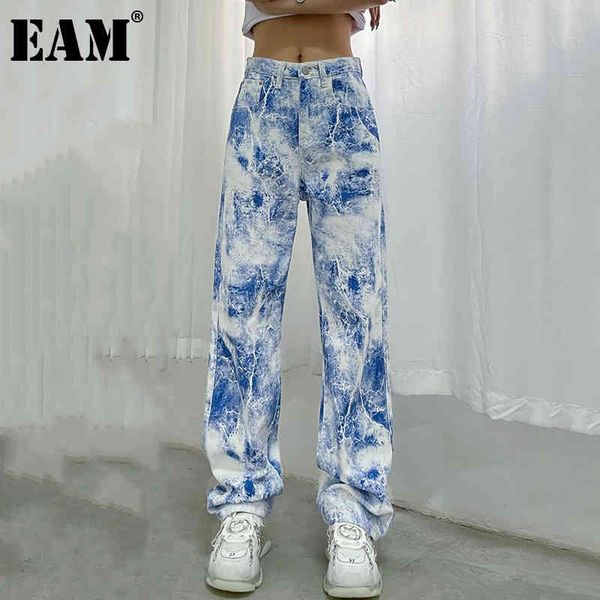 

[eam] high waist blue long wide leg big size tie dye trousers loose fit pants women fashion spring summer 1dd6581 210512, Black;white
