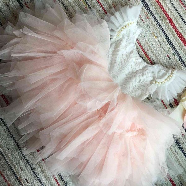 Super süßes Kleinkind-Mädchen-Perlenkleid für Baby-Taufe, Geburtstag, Kinder, Flatterärmel, Tutu, Prinzessin, Vestido-Kleidung 210529