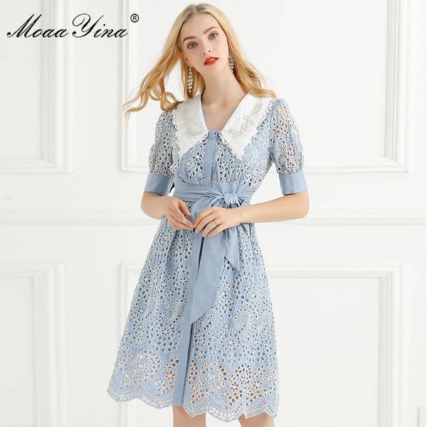 

fashion runway dress summer women's dress v-neck short sleeve hollow out embroidery bow slim vintage dresses 210524, Black;gray