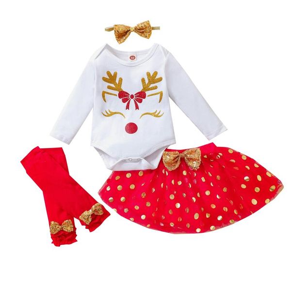 

clothing sets 4pcs toddler christmas outfits, reindeer long sleeves romper + tutu skirt leg warmer headband for baby girls 0-18 months, White