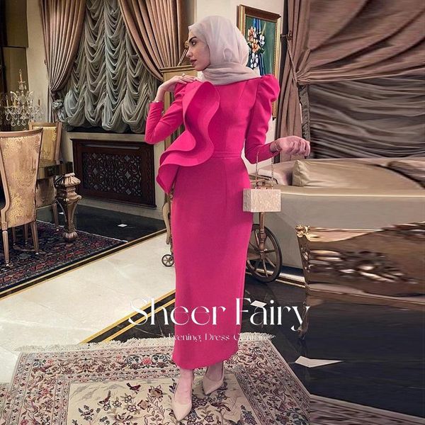 

party dresses sheer fairy pink muslim evening dress 2022 elegant long sleeve ankle length dubai midi formal gowns for wedding guest, White;black