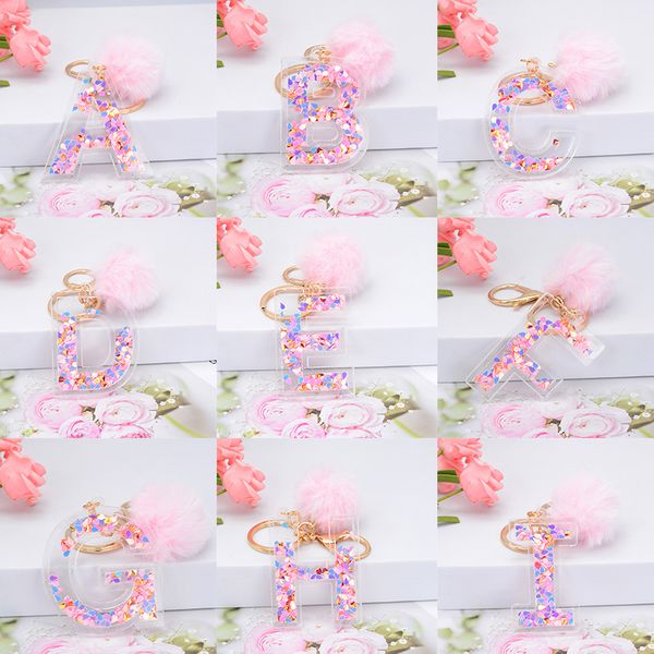 

26 letter keychains heart sequin hollowed-out a-z english alphabet key ring handbag charms crafts with pink pompom ball ornaments, Slivery;golden
