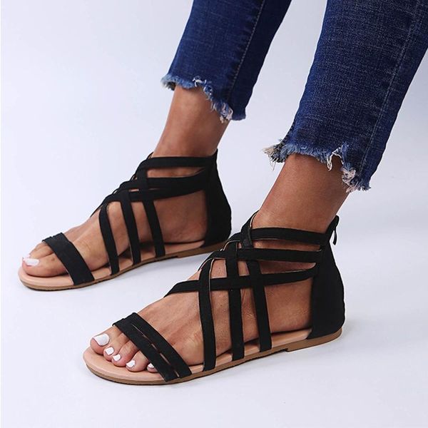 

sandals cross front lace-up zipper women hollow out women's summer sandal casual breathable shoes 2021, Black