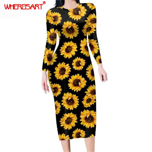 

casual dresses whereisart women fashion long sleeve sweet sunflowers pattern bodycon pencil dress for office ladys black tunic, Black;gray