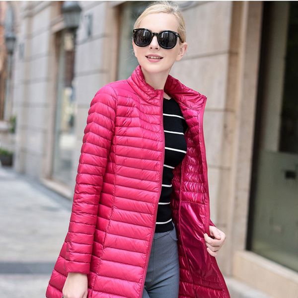 

women's down jacket thin light mid-length solid color zipper shirt large size slim stand-up collar coat windbreaker winter to keep warm, Black