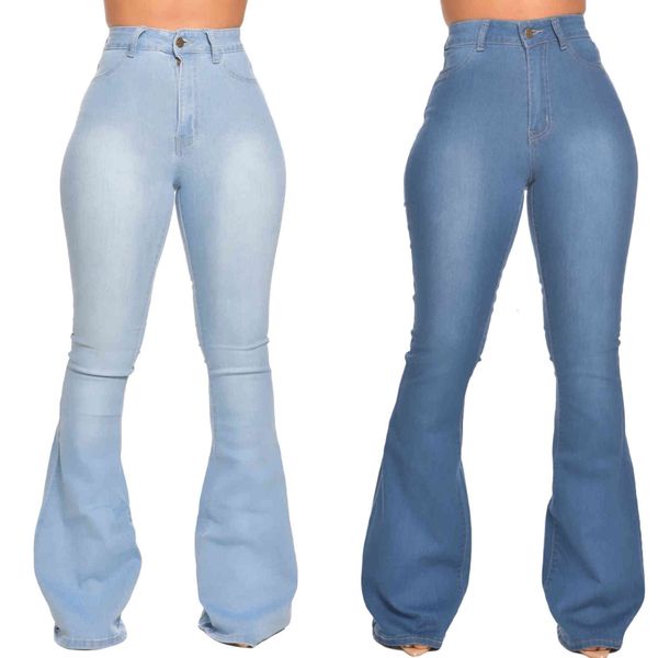 

jean women high-waist casual jeans fashion washed vintage stretch slim simple solid color lady denim flared pants, Blue