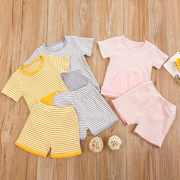 

summer toddler kids clothing sets casual korean stripes crew neck pullover short sleeve shorts boy baby girl suits, White