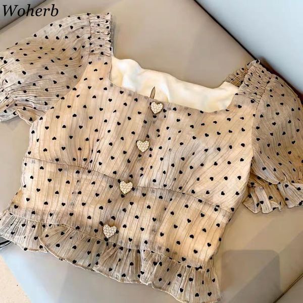 

crop female polka dot square collar puff sleeve blouses summer chiffon shirt sweet ruffles all-match blouse women 210417, White