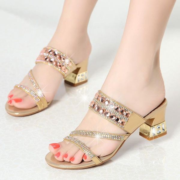 

slippers fashion women slip on mules open toe med heel shoes summer gold sandals brand slipper wedding xmx-a0032, Black