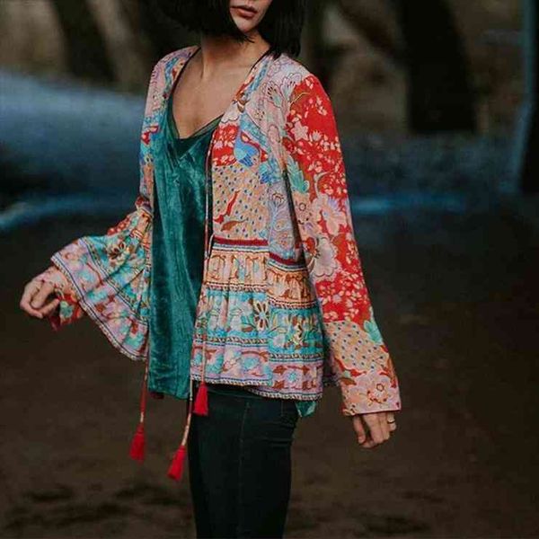 

women birds floral printed long sleeve bohemian blouse shirts ladies rayon v-neck blouse shirt, White