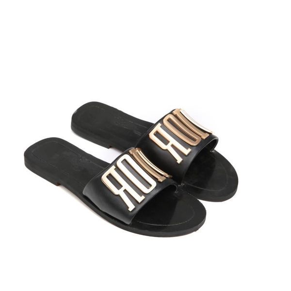 

slippers dai d's 2021 comfortable one line with fashionable slippers women's summer metal button letters wear flat bottomed beach, Black
